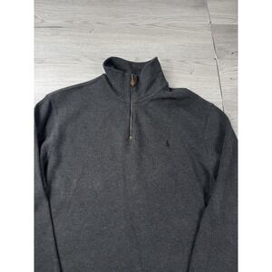 Polo Ralph Lauren Sweater Mens L 1/4 Zip Gray Red Pony Leather Pull Cotton